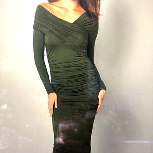 Olive slinky off the shoulder dress